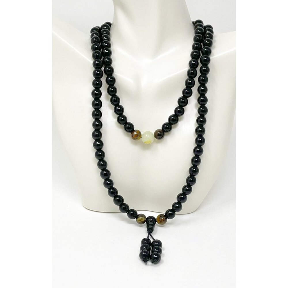 Black Beaded Mala Necklace with Tiger Eye & Gold Script Bead – 36” Prayer Beads